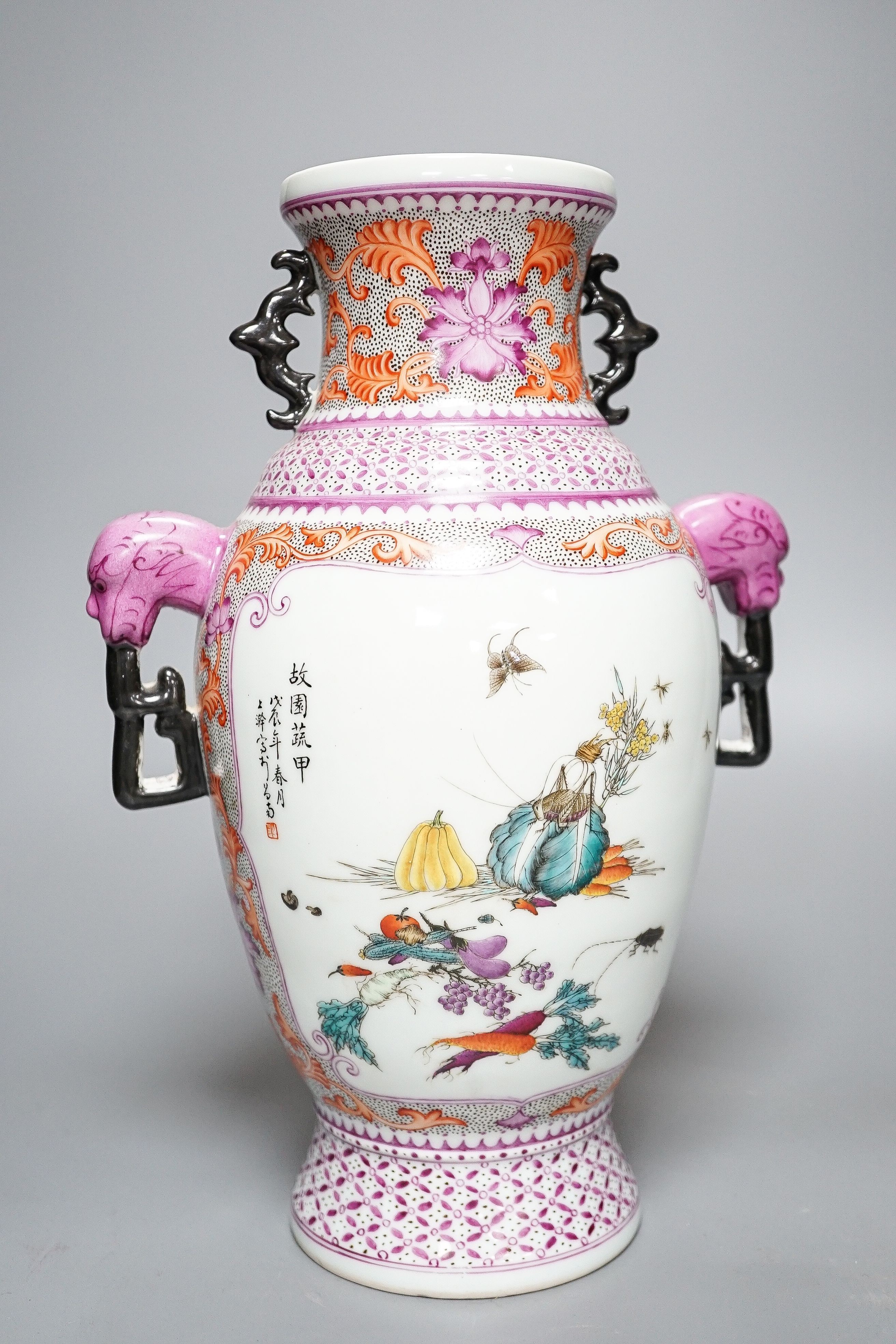 A Chinese porcelain famille rose two handled vase, Hongxian mark, 30cm